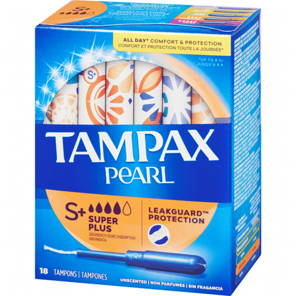 A box of TAMPAX Pearl Super Plus Tampon.