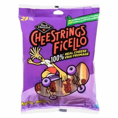 A bag of Black Diamond Mozarella Marble Cheestrings with a cartoon character on it.