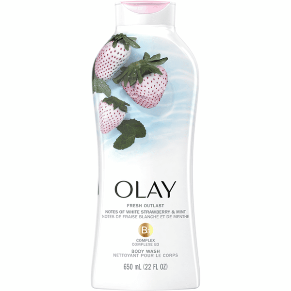 Olay Strawberry & Mint White Cooling Body Wash with strawberries on a white background.