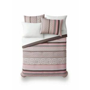 A pink and gray Mainstays 7-Piece Princeton Bed-in-a-Bag Set with a striped pattern.