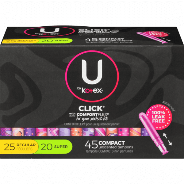 The U by Kotex Regular & Super Unscented Click Compact Multipack Tampons is shown in a pink box.