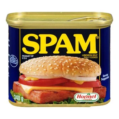 SPAM Luncheon Meat in a tin on a white background.