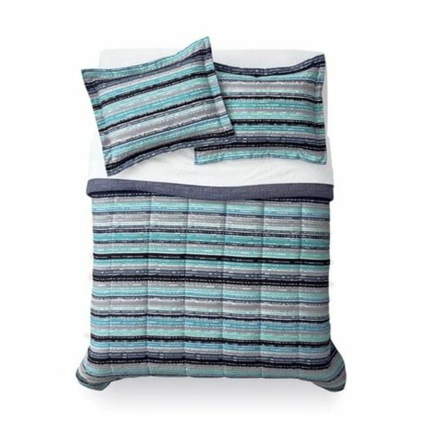A bed with a Mainstays Turquoise Stripe Comforter Set.