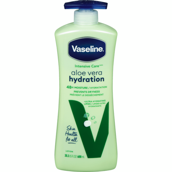 A bottle of Vaseline Intensive Care Natural Aloe Vera Non-Greasy Lotion hydration.