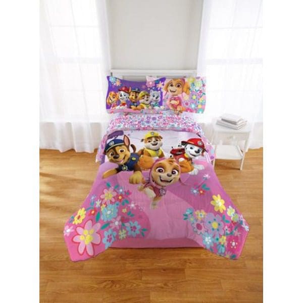 Paw Patrol Twin & Full Size Girl's Flower Doggies Reversible Comforter with paw patrol characters.