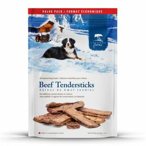 A Caledon Farms Beef Tendersticks Dog Treats Value Pack with a dog on it.
