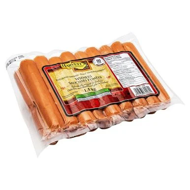 A package of Harvest Naturally Smoked Wieners on a white background.