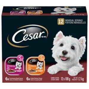 A box of CESAR Grilled Chicken & Porterhouse Steak Flavour Entrees for Small Dogs with a white dog on it.