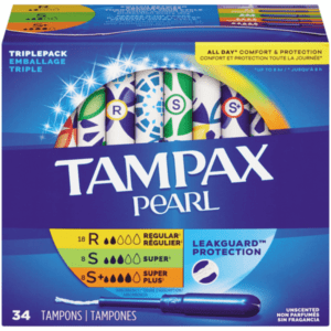 TAMPAX (20 Regular, 8 Super, 8 Super Plus) Pearl Triplepack Unscented Plastic Tampons in a box.