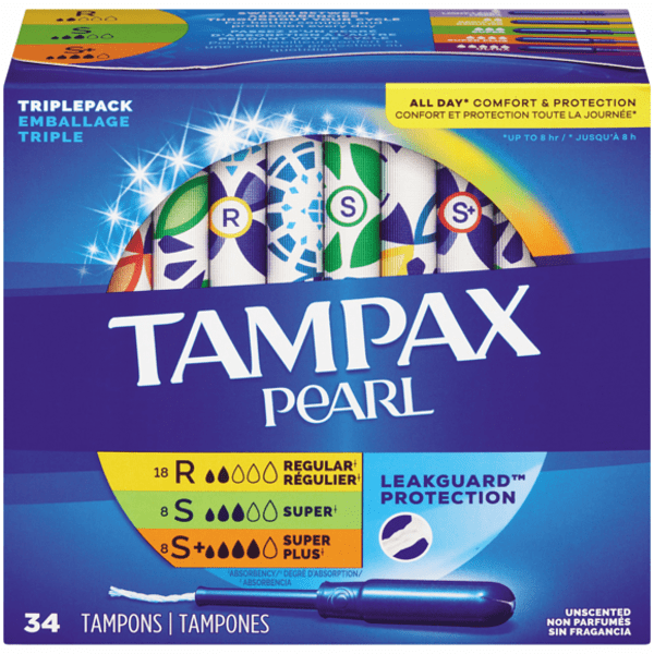 TAMPAX (20 Regular, 8 Super, 8 Super Plus) Pearl Triplepack Unscented Plastic Tampons in a box.