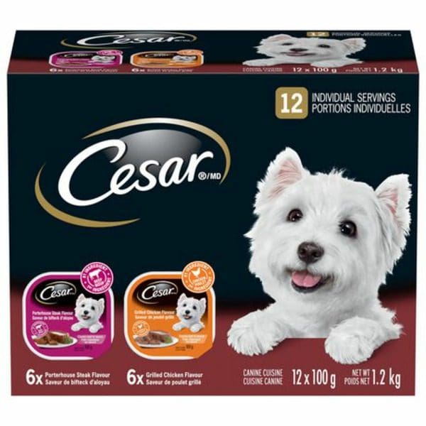 A box of CESAR Home Delights Beef Stew & Chick Noodle Dog Food with a white dog on it.