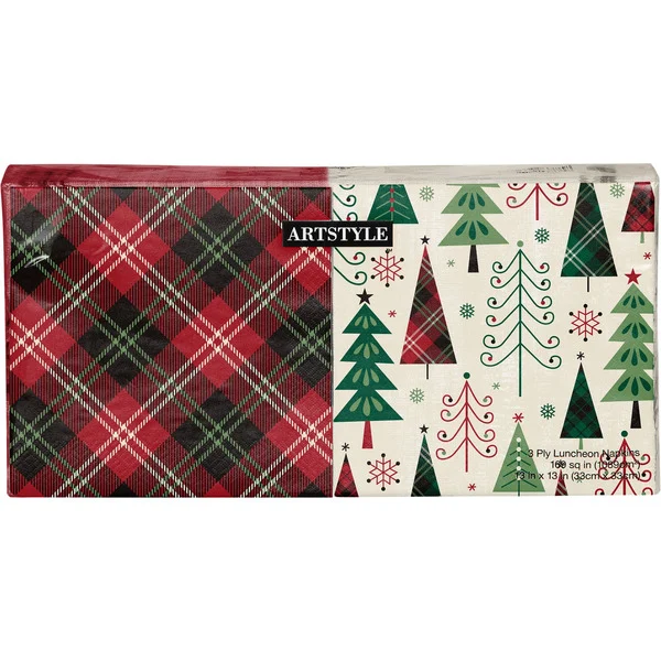 A bag with a plaid pattern and a 3-Ply Christmas Napkin.