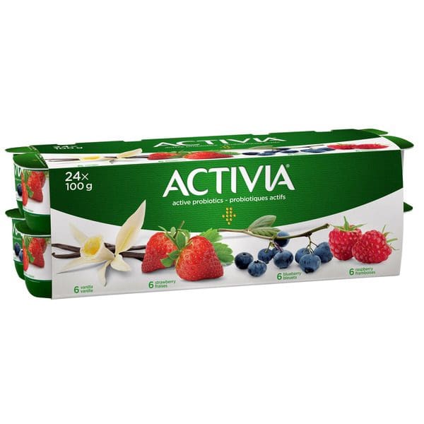 A box of Danone Activia Yogurt Variety Pack with berries and vanilla.