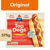 A bag of Maple Leaf Natural Top Dogs Original Hot Dogs with an image of a dog on it.