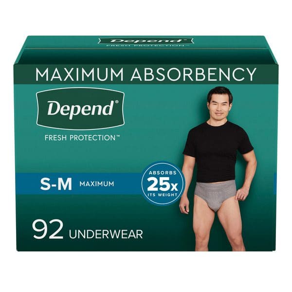 A box of Depend Men's Maximum Absorbency Underwear, Small/Medium with a man in it.