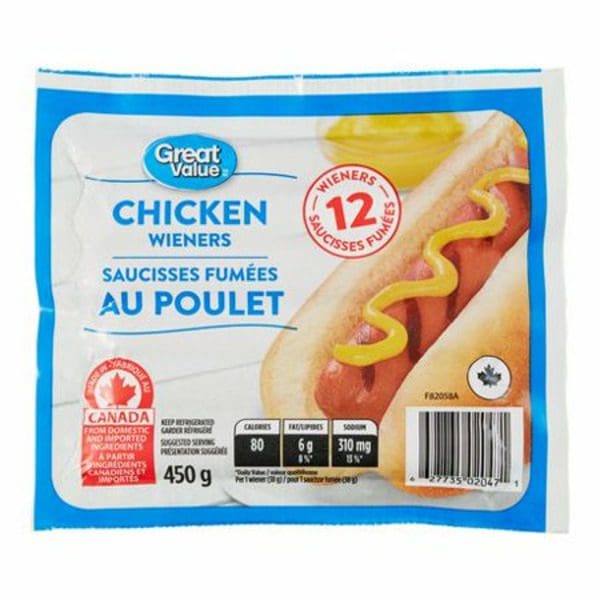 A bag of Great Value Chicken Wieners sausages flambées au poulet.