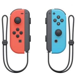 Two Nintendo Neon Red & Blue Switch Joy-Con Wireless Controllers with straps.