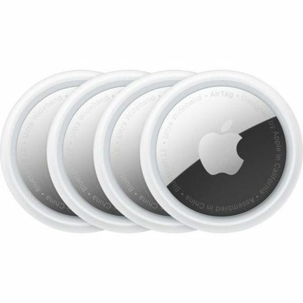 A set of Apple AirTag logo buttons on a white surface.