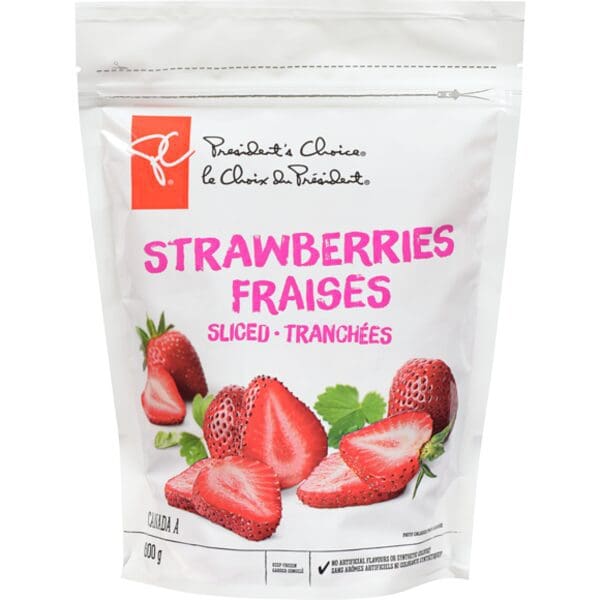 A bag of President's Choice Regular Sliced Strawberries.