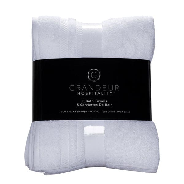 A white Grandeur Hospitality Bath Towel with the word grandeur on it.