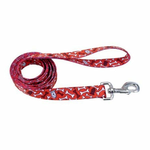 Pet Attire By Coastal 5/8" x 6" Bones Dog Leash - Red with a skull and crossbones pattern.