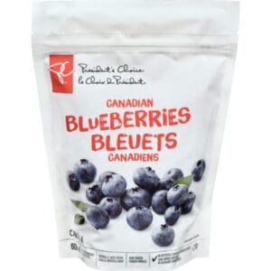 A bag of Presidents Choice Blueberries on a white background.