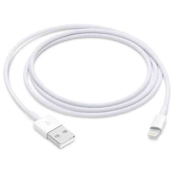 An Apple 3.3' Lightning to USB Type-A iPhone Cable connected to a white surface.