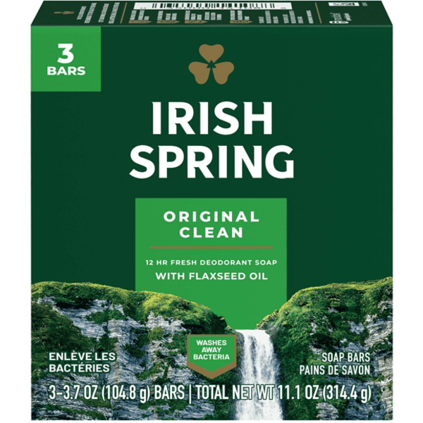 Irish Spring Original Clean Deodorant Bar Soap for Men in a box.