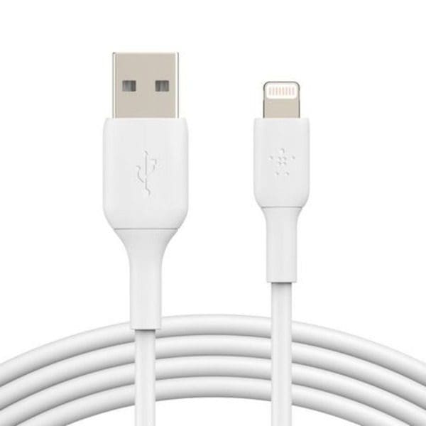 A Belkin Boost Charger Lightning to USB-A Cable - White connected to an iPhone.