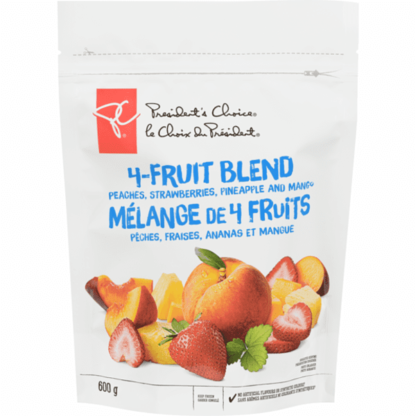 A bag of President's Choice Four Fruit Blend with strawberries and raspberries.