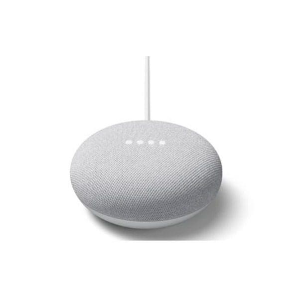 A white Google Chalk White 2nd Generation Nest Mini Smart Speaker on a white surface.