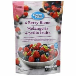 A bag of Great Value Frozen 4-Berry Fruit Blend in a white bowl.