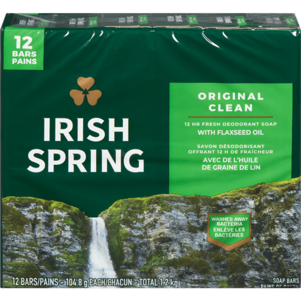 Irish Spring Original Clean Deodorant Bar Soap for Men 12 pack.