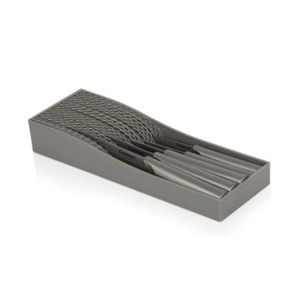 A gray tray with the Cuisinart SSC-6PC 6-Piece Knife Set With In-Drawer Knife Tray in it.