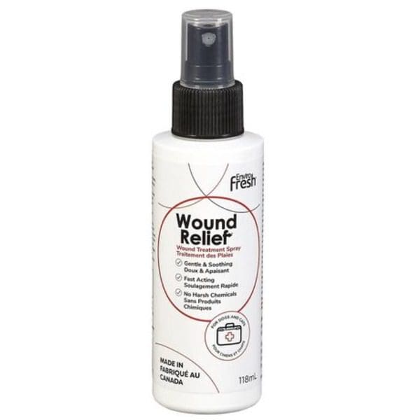 A bottle of Enviro Rite Fresh Wound Relief Spray for Dogs & Cats on a white background.
