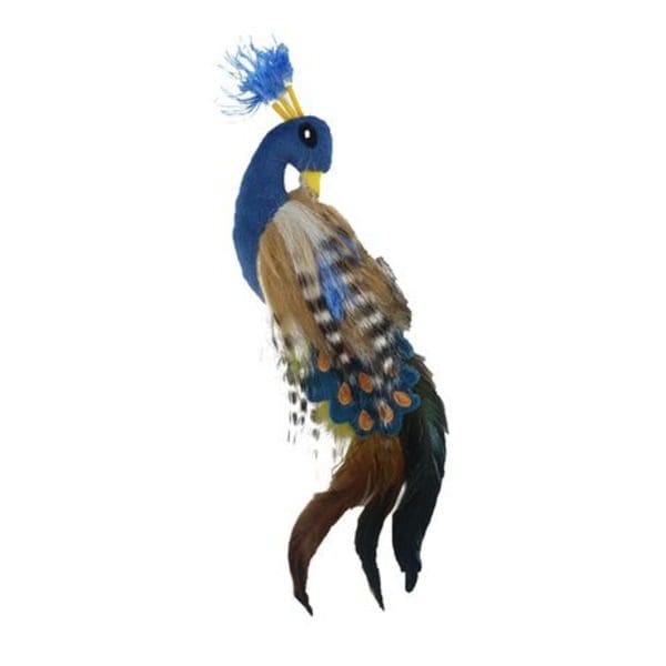 A blue and yellow feather Pet Zone Pretty Peacock Cat Toy hanging on a white background.