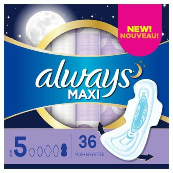 Always Tff Maxi Extra Heavy Overnight Towel pads with a moon in the background.