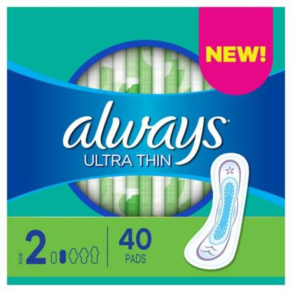 Always Ultra Thin Size 2 Unscented Long Super Pads Without Wings.