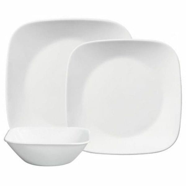 A Corelle Studio Pure Dinnerware Set - White on a white background.