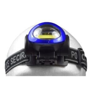 A Police Security Connector 3 AAA Headlamp with a blue light attached to it.