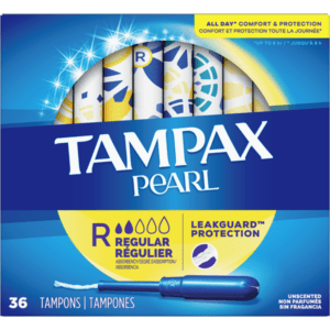 TAMPAX Pearl Regular Unscented Tampons With Plastic Applicator on a blue background.