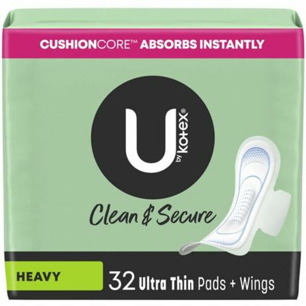 A box of U by Kotex Security Ultrathin Heavy Pads With Wings.