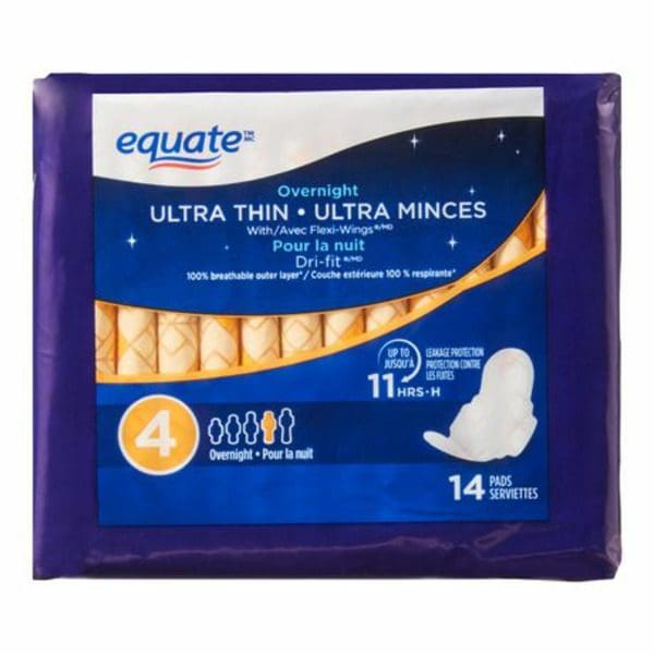 Equate Overnight Absorbency Ultra Thin Pads, pack of 4.