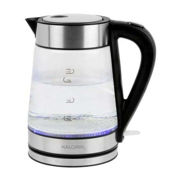 A Kalorik JK 46670 Stainless Steel Rapid Boil Blue LED Electric Kettle on a white background.