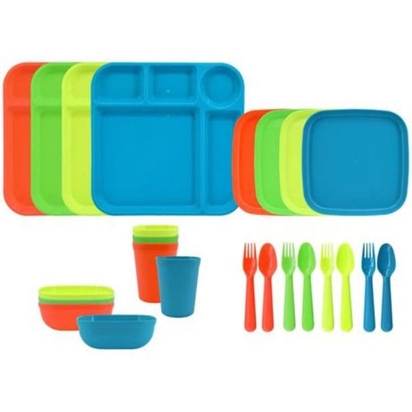 A Mainstays Boy Kids' 24 Piece Dinnerware Set of colorful plastic plates, bowls and forks.