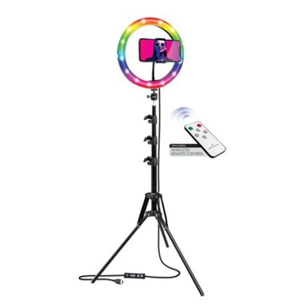 A Bower 10" Studio Kit RGB Ring Light With Ballhead & 63" Tripod & Phone Holder stand with a remote and remote control.