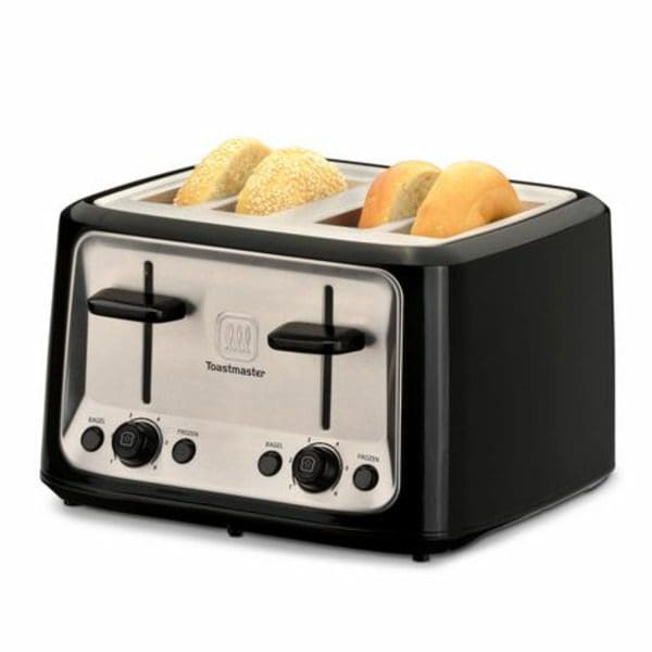 A Toastmaster 4 Slice Toaster Black & Stainless Steel Extra Wide Bagel Slots with four slices of bread on it.