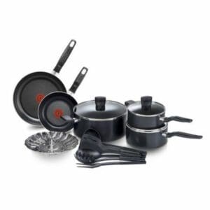 A T-fal Essential 15-Piece Cookware Set on a white background.