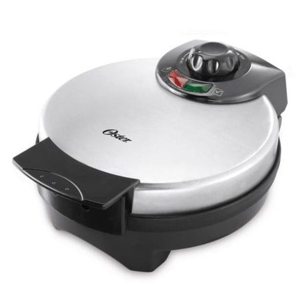 An Oster CKSTWF2000-033 Stainless Steel Belgian Waffle Maker on a white background.