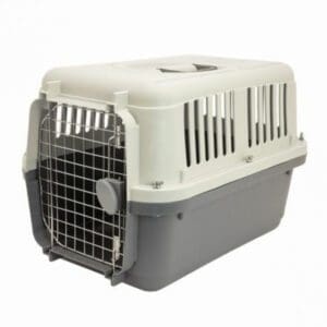 A grey and gray Sport Pet 24" Plastic Kennel - S dog carrier on a white background.